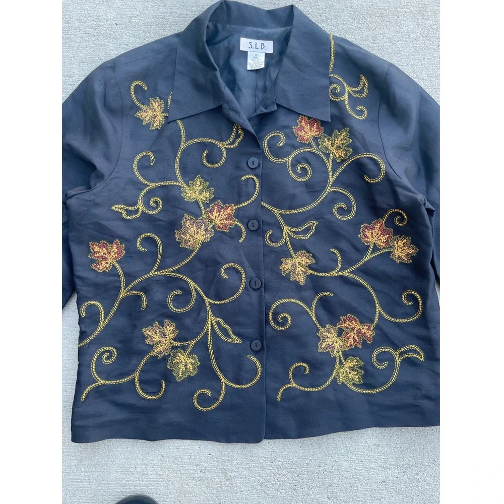 SLB Womens Navy Blue 100% Silk Embroidered Leaf Button Front Jacket Size 10